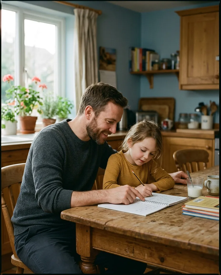 A parent helping a child with homework at a kitchen table