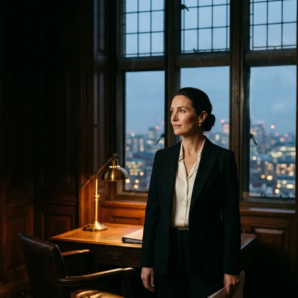A firm attorney standing by a tall office window over the Columbus skyline at dusk
