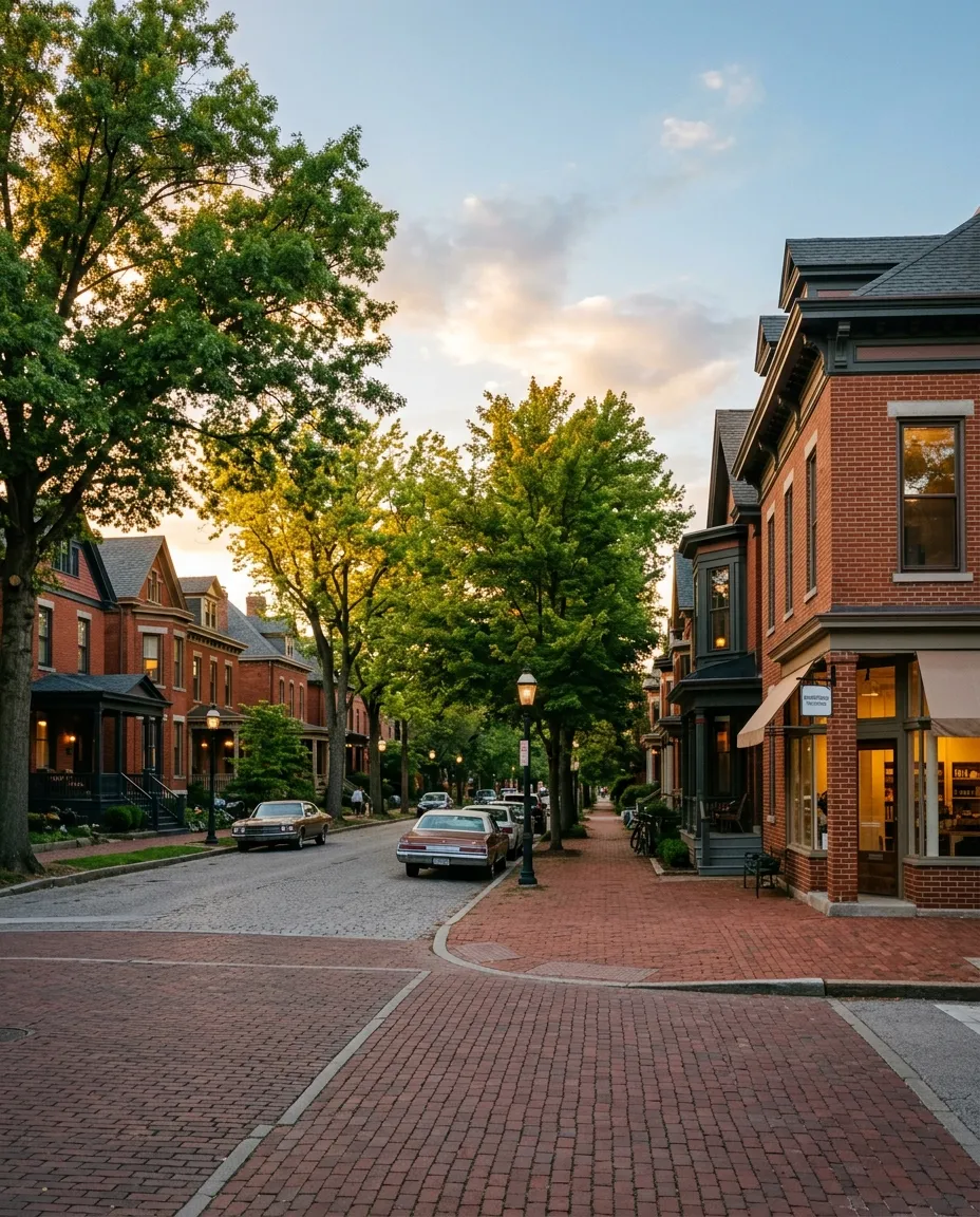 A row of brick homes and storefronts on a tree-lined Columbus street