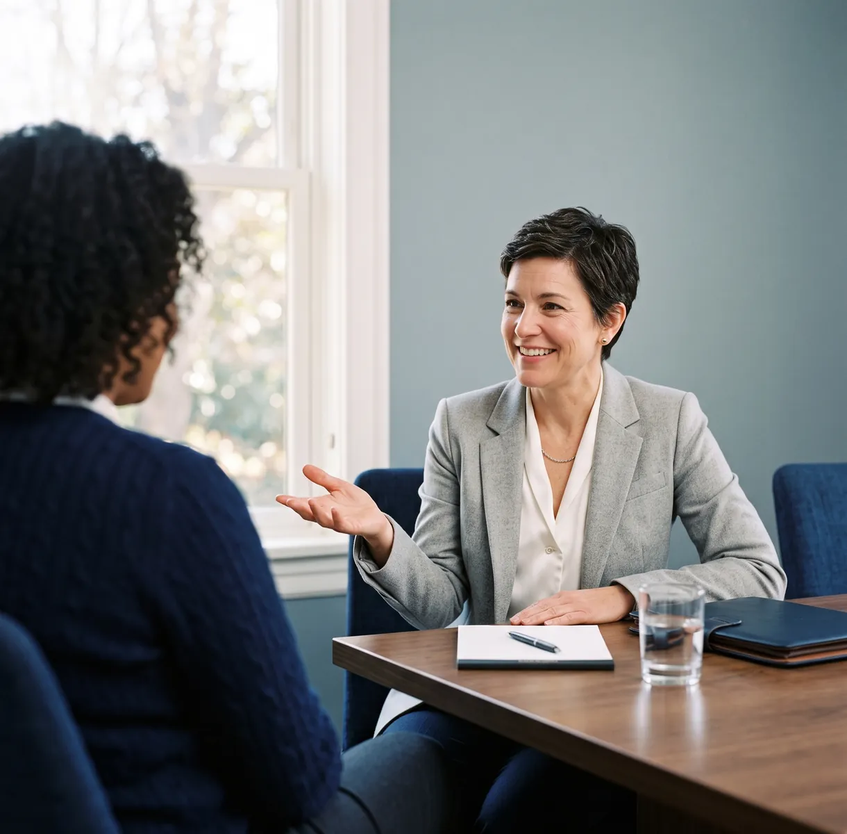 An attorney talking with a client across a desk