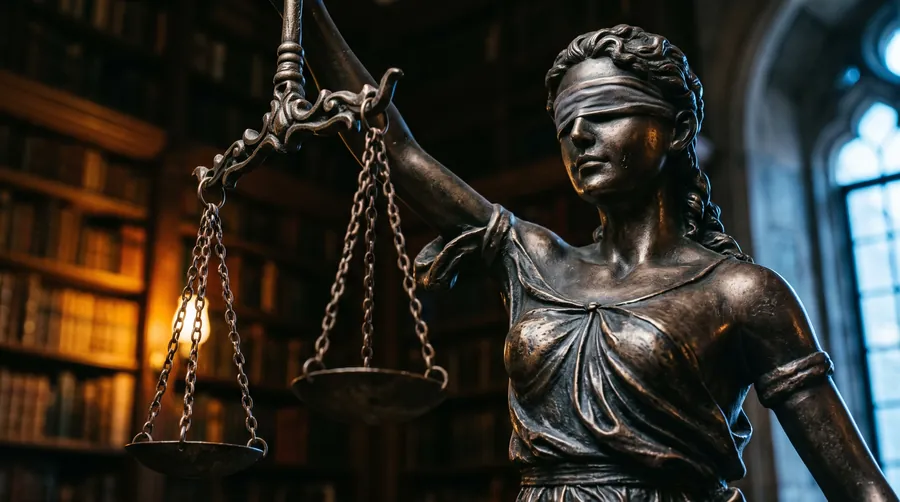 Bronze statue of Lady Justice holding balance scales in a dim library