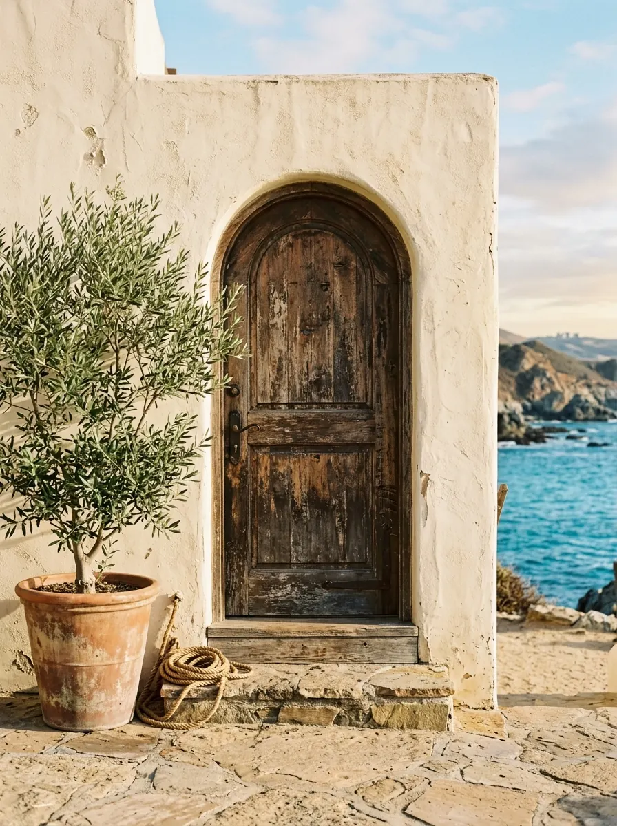An arched wooden door set in a thick stucco wall beside an olive tree