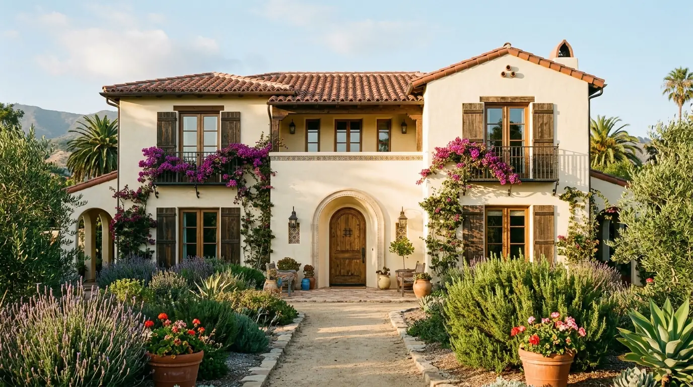 The cream stucco front of the studio with bougainvillea and a clay tile roof