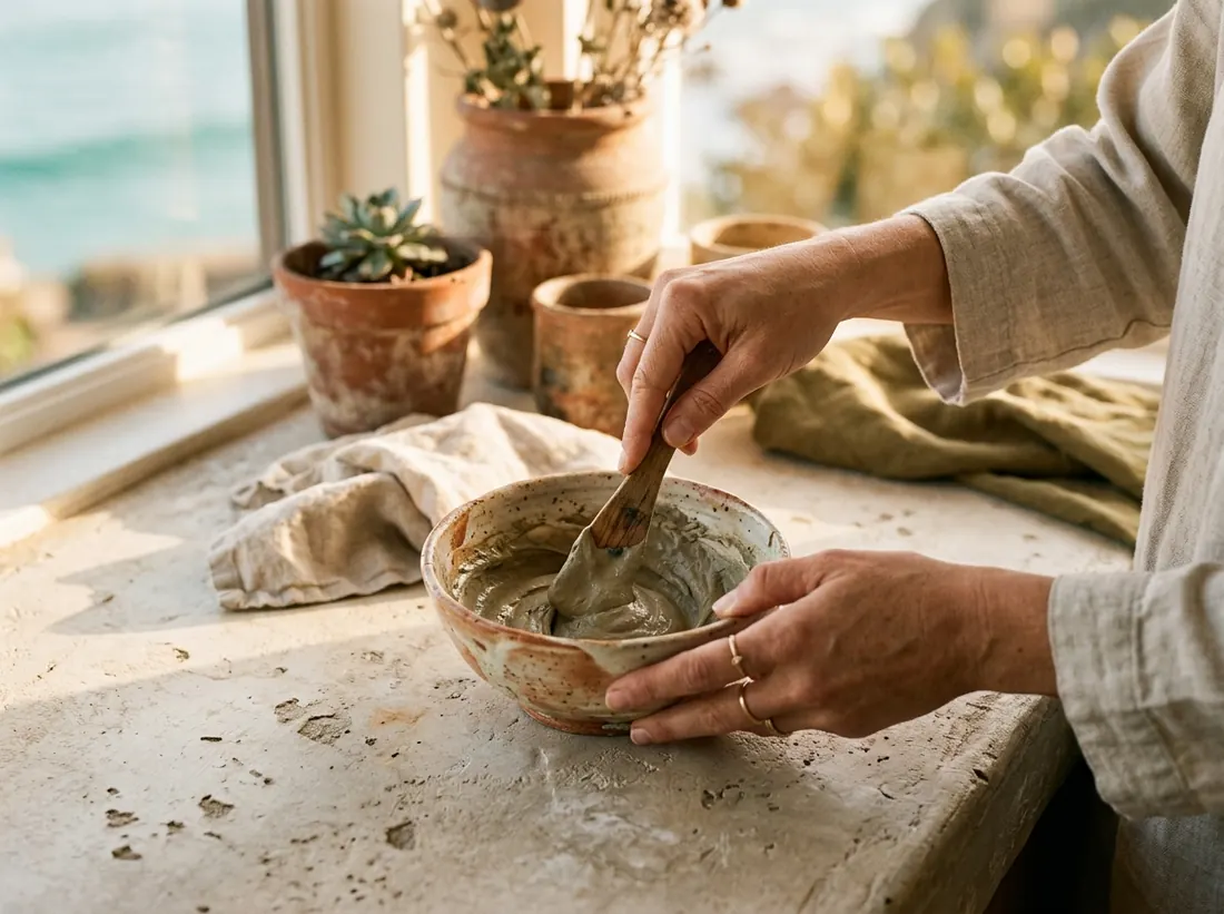 Hands mixing a clay mask in a ceramic bowl