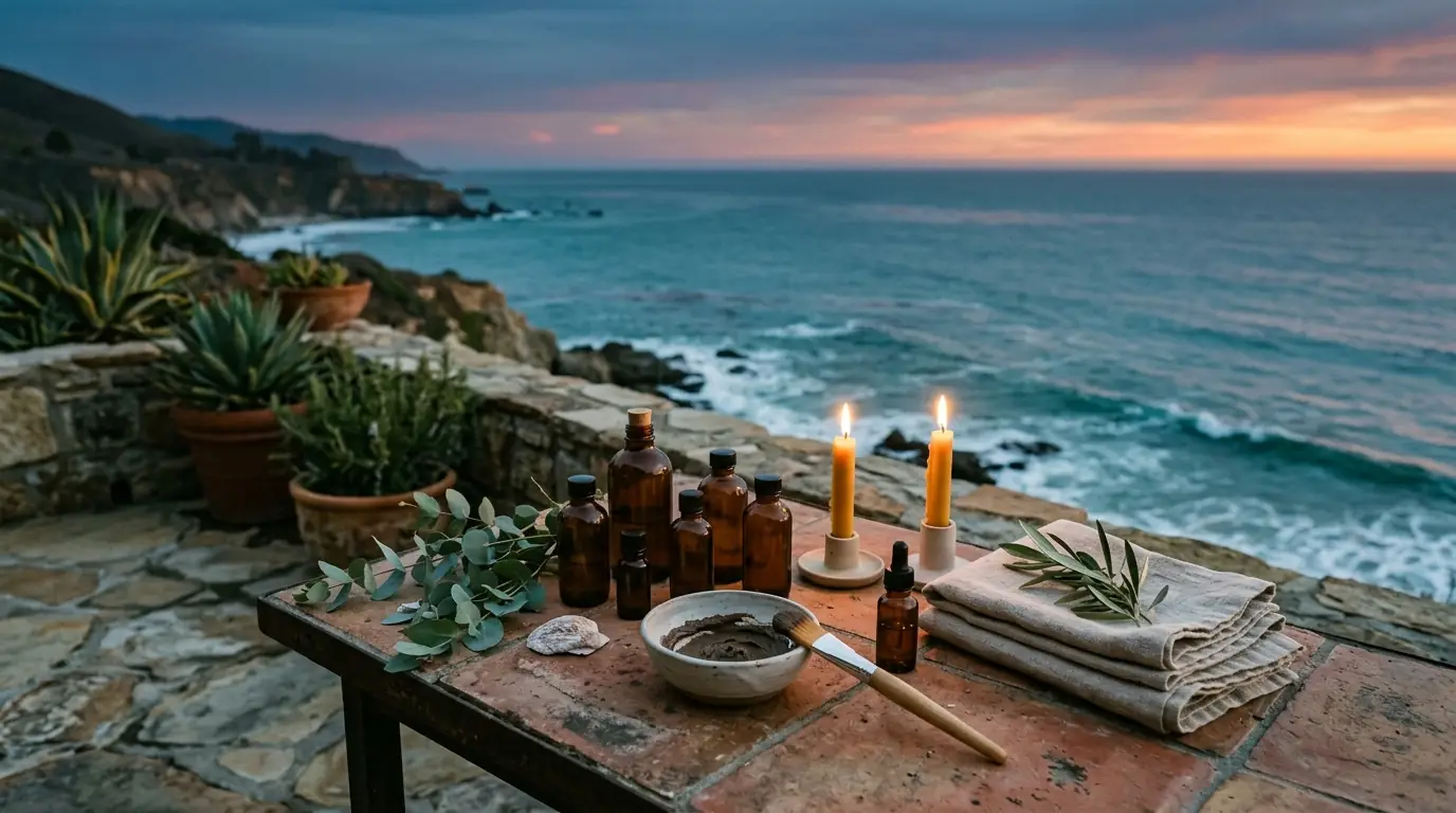 A skincare ritual laid out on a stone terrace at dusk