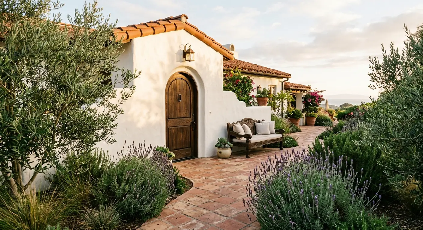 The whitewashed front of the studio with an arched wooden door and olive trees