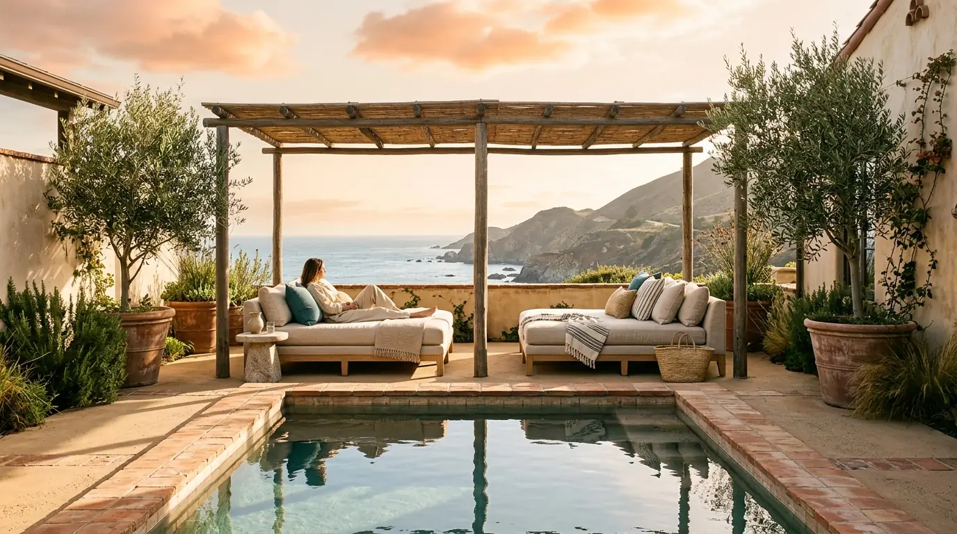 The courtyard lounge with a reflecting pool and linen daybeds