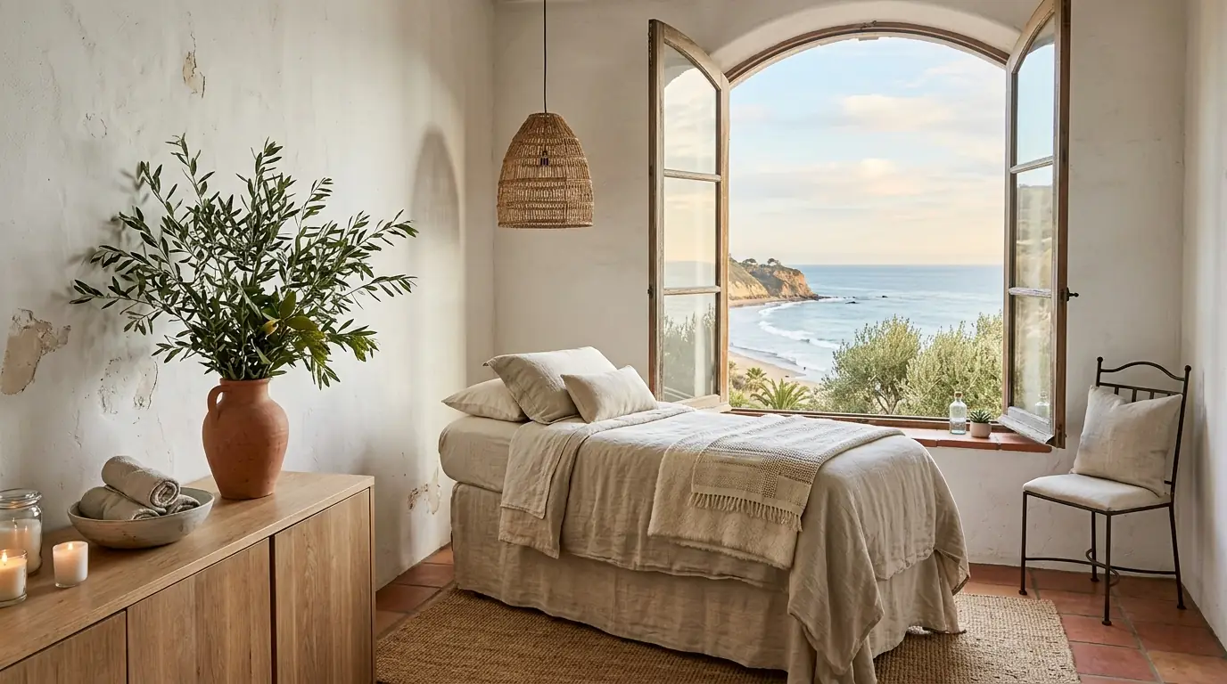 A treatment room with an arched window open to the Pacific