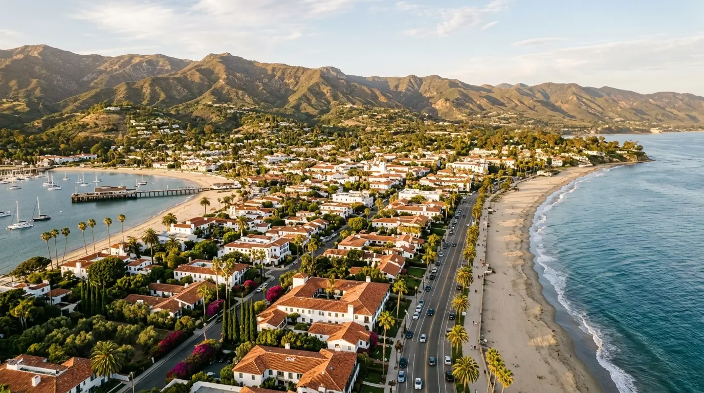 A coastal California town of clay-tile roofs between the foothills and the sea