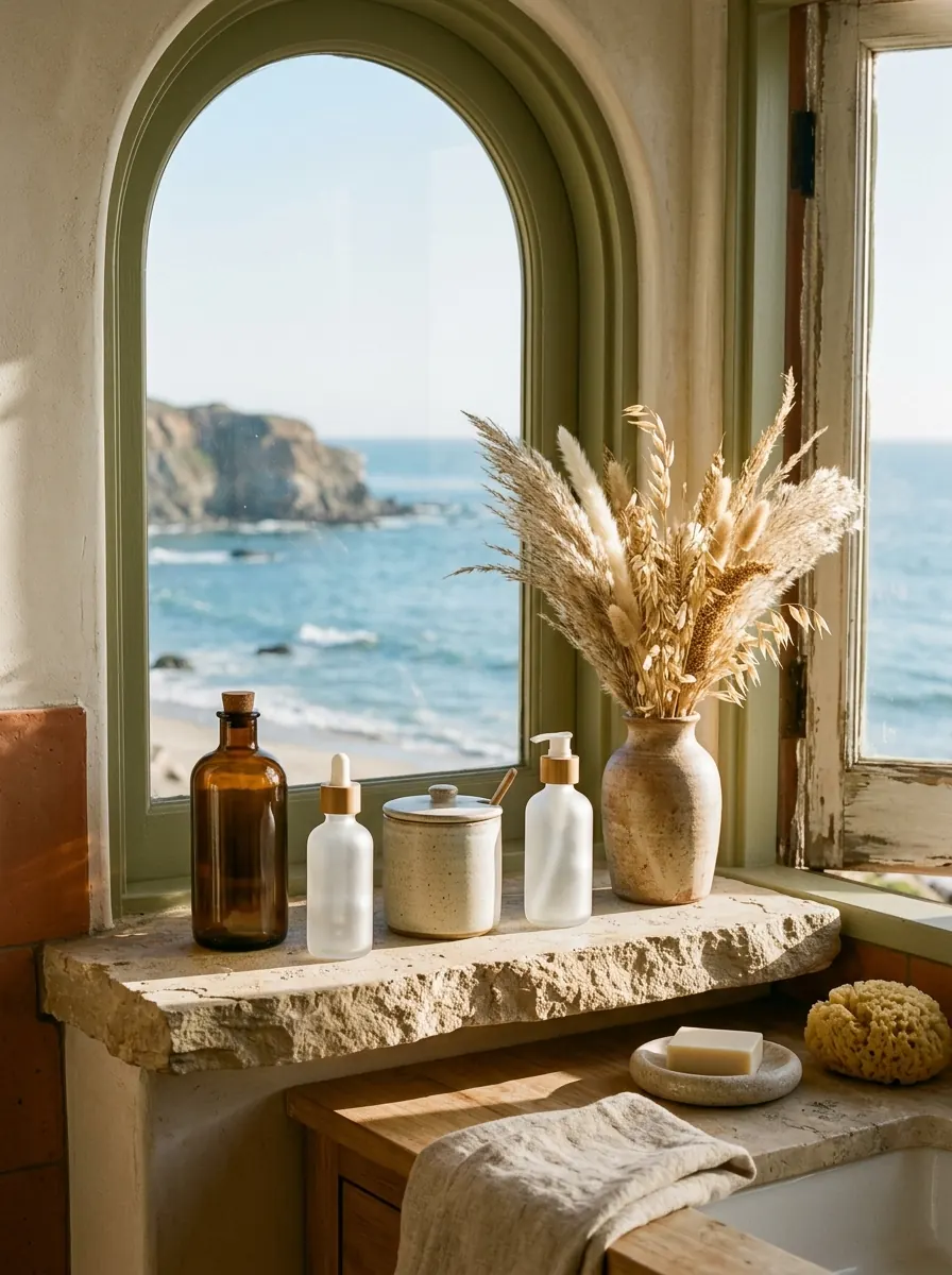 Unlabeled amber and frosted skincare bottles on a stone shelf by an arched window