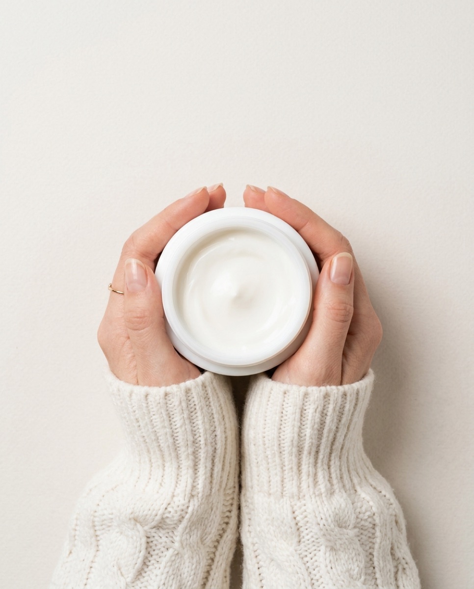 Hands holding an open cream jar