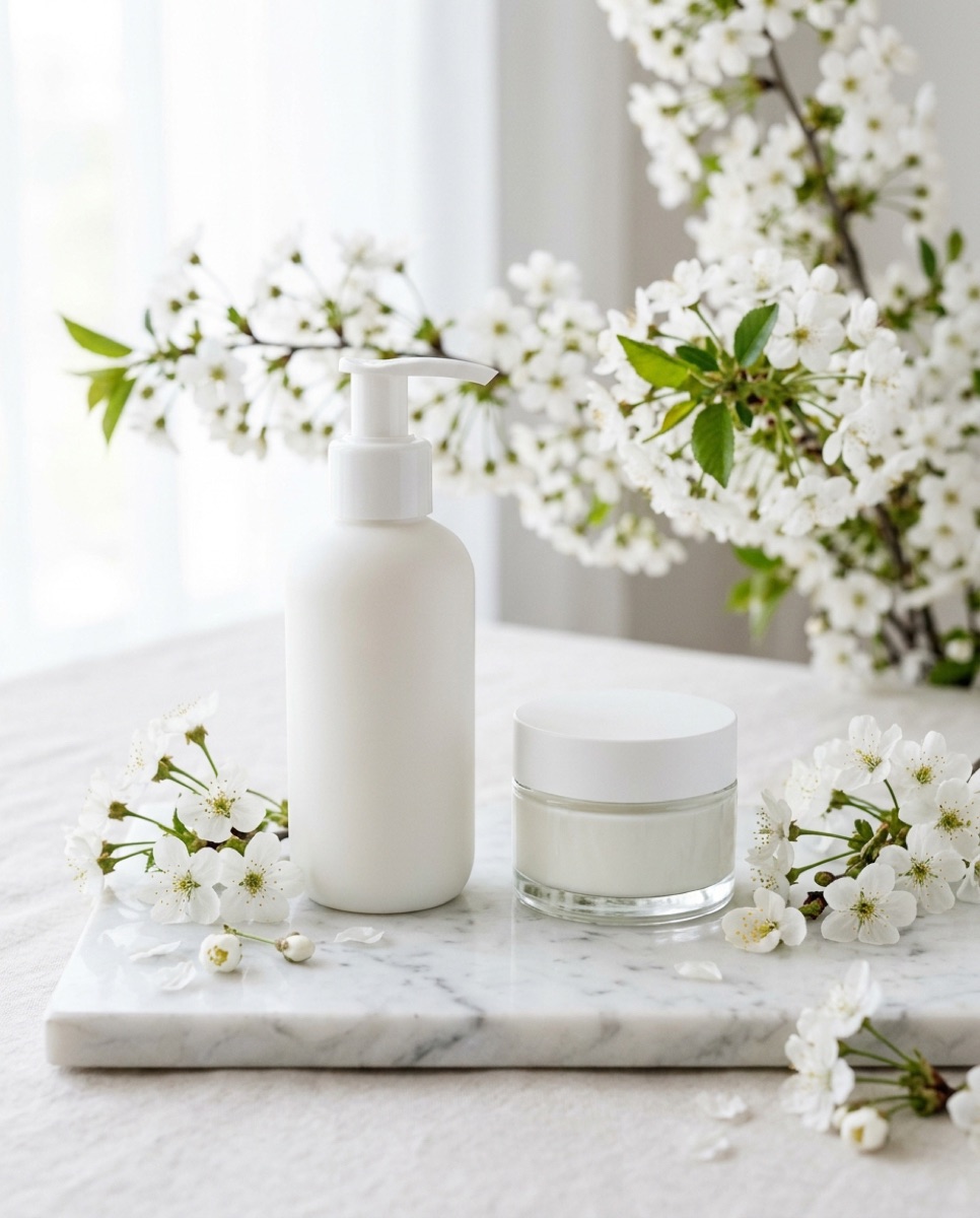 Bottles on marble with blossoms