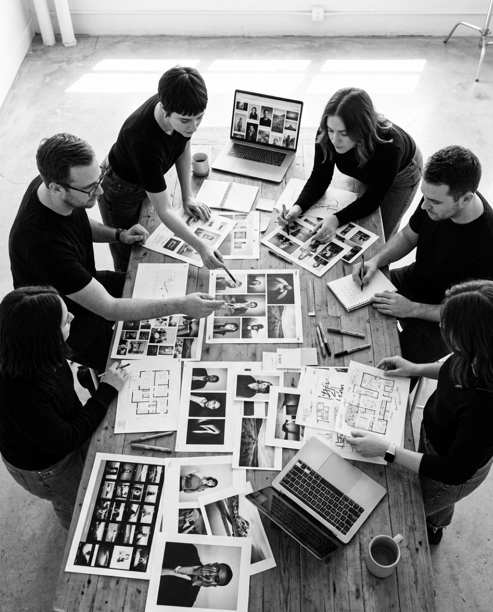 Team around a table of prints
