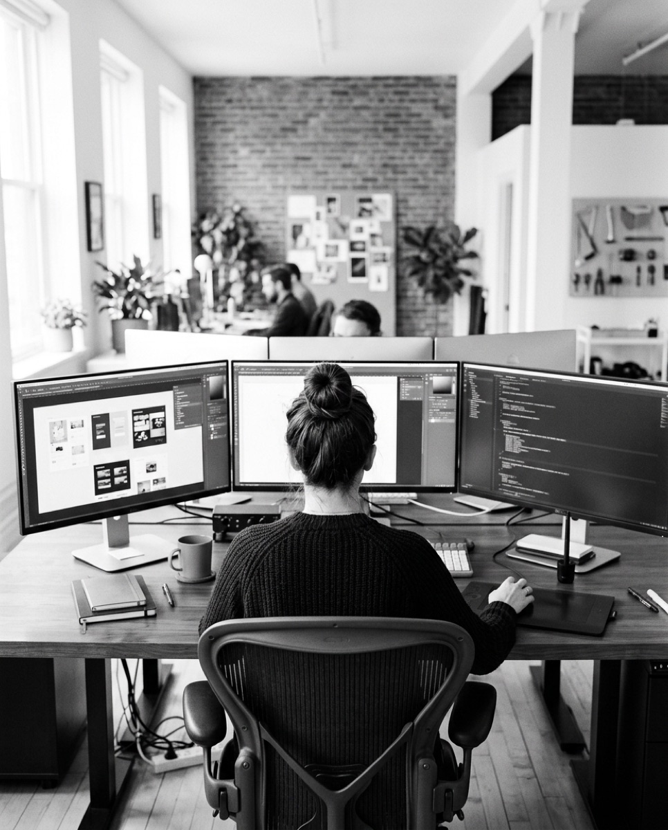 Designer at a multi-monitor desk