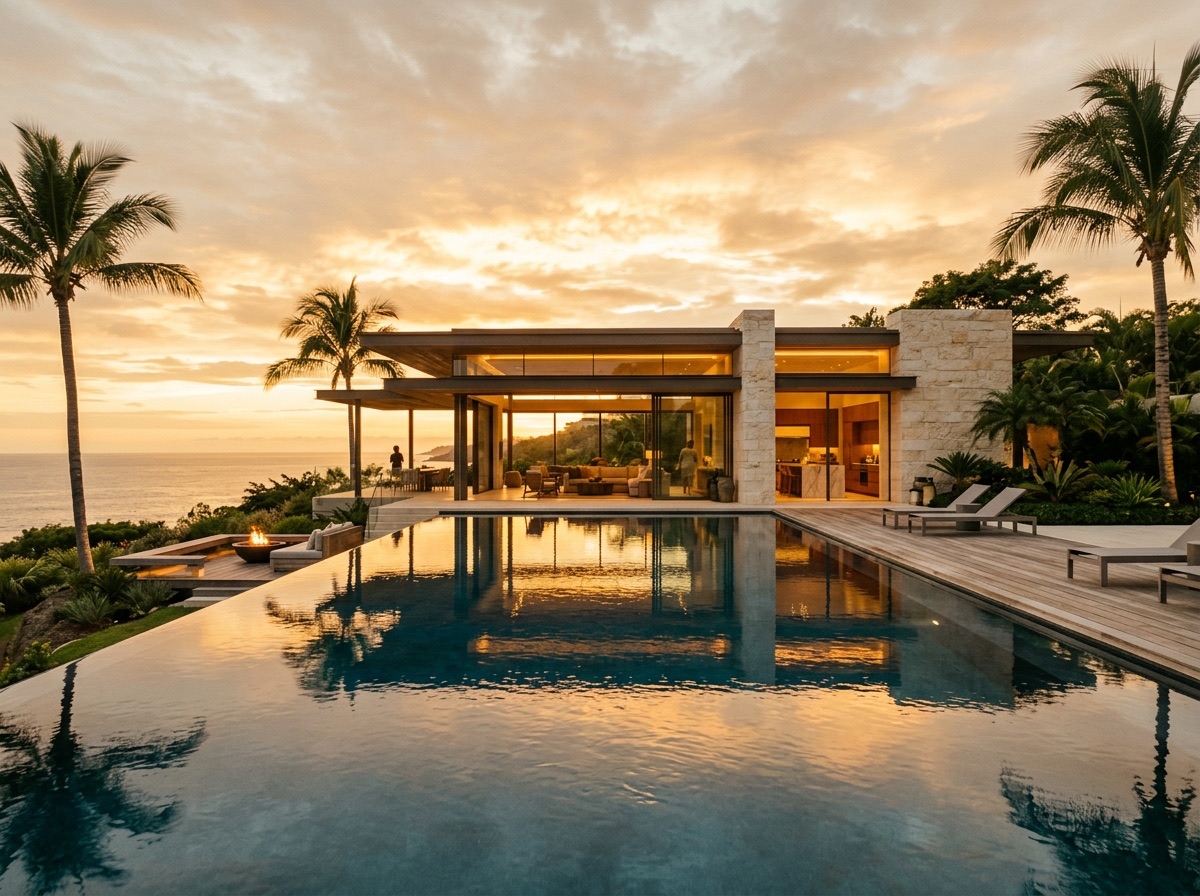 Villa exterior across the pool at sunset
