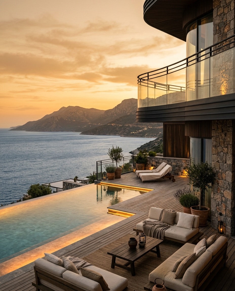 Villa terrace with edge pool at golden hour