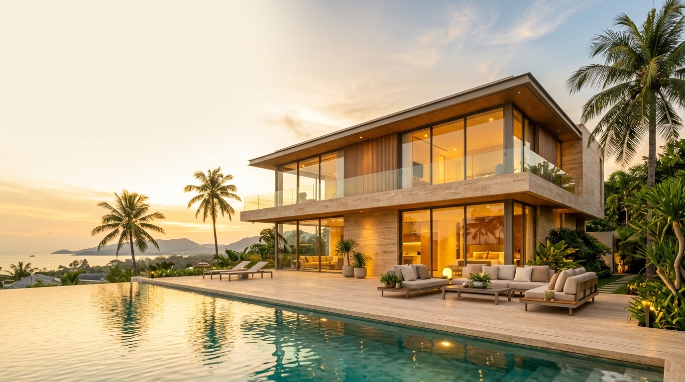 Solenne villa terrace and pool at golden hour