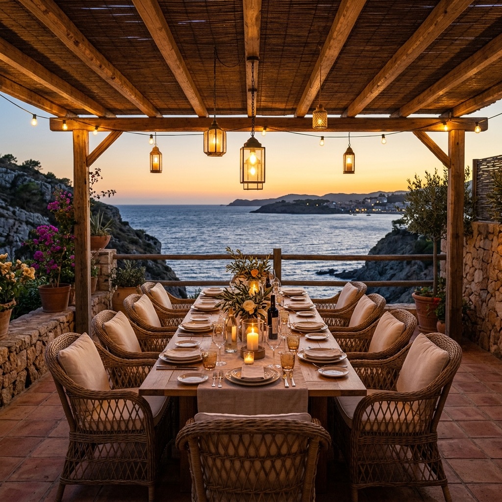Outdoor dining terrace at dusk