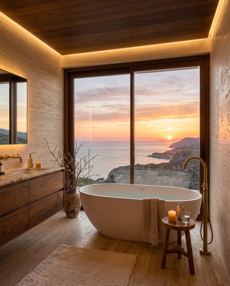 Bathroom with a freestanding tub and sea view
