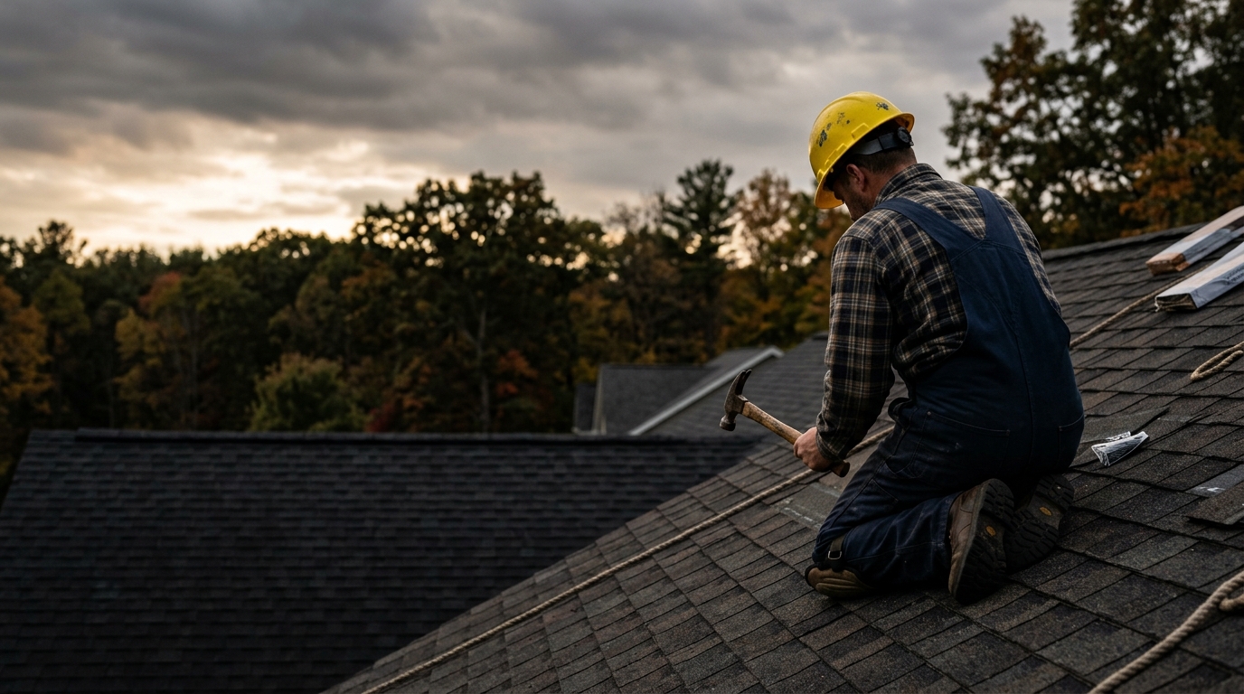 A roofer in a yellow hard hat kneeling on a shingle roof at dusk