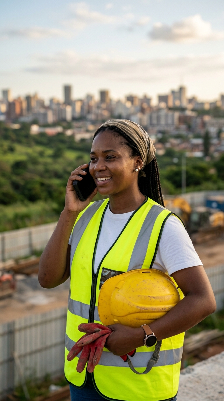 Handyman in a hi-vis vest taking a booking call outdoors