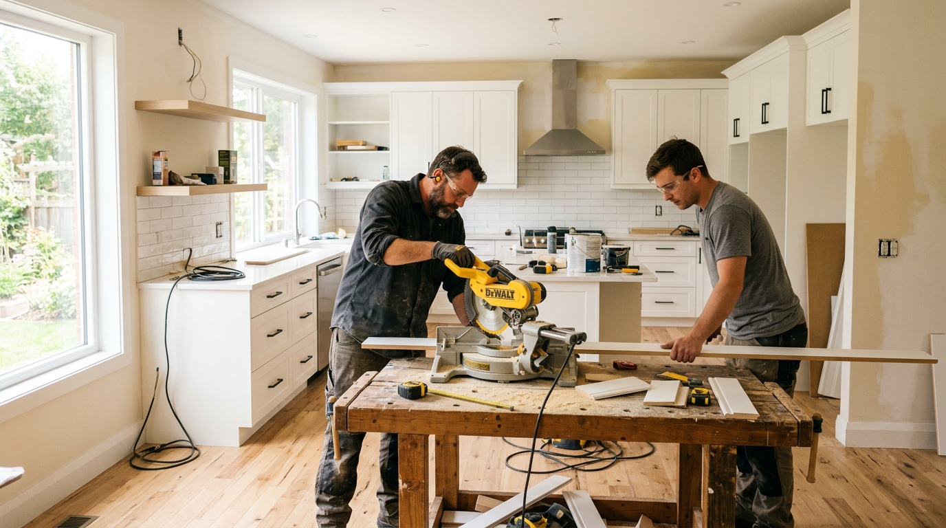 Two handymen at work in a bright kitchen
