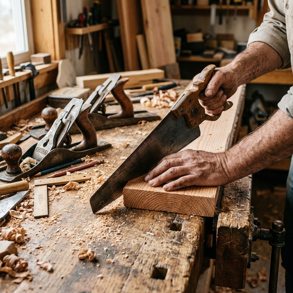 Carpenter sawing a plank on a workbench