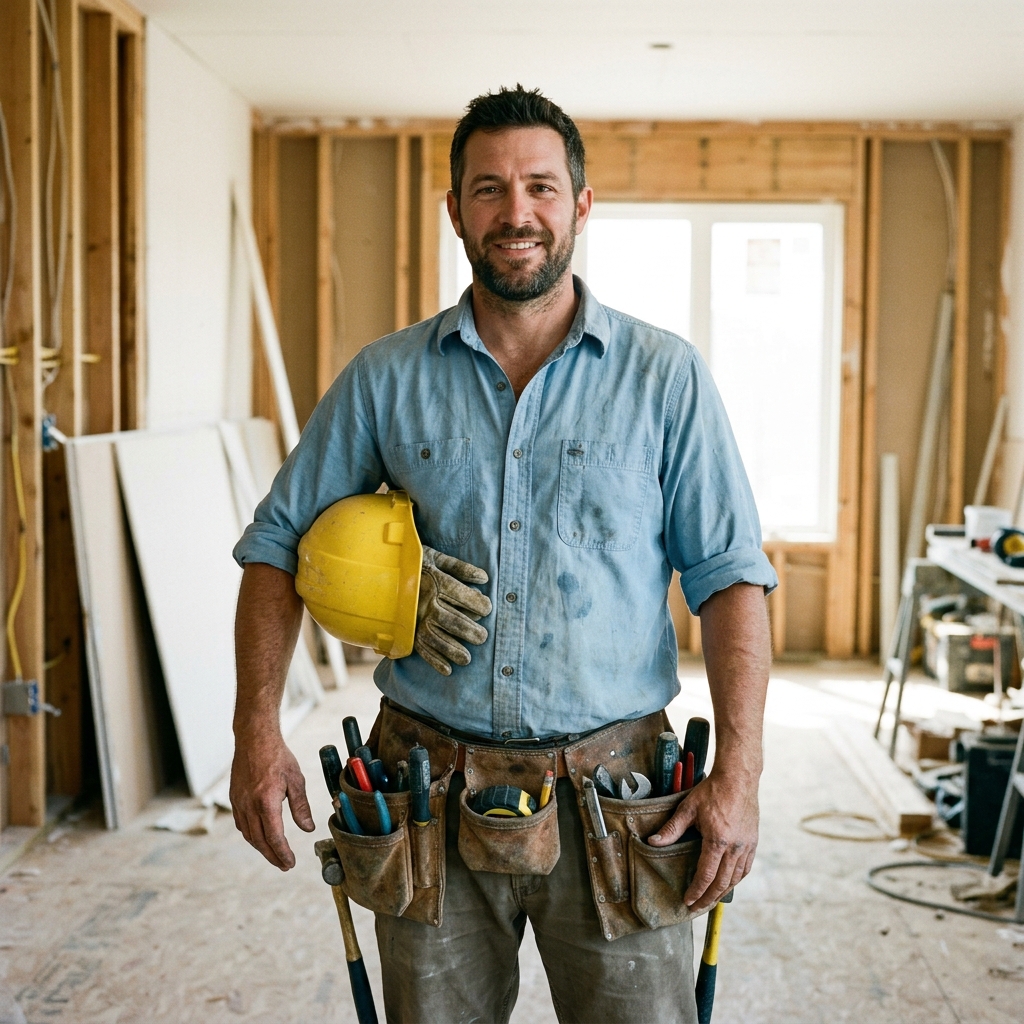 Handyman holding a hard hat with a full tool belt