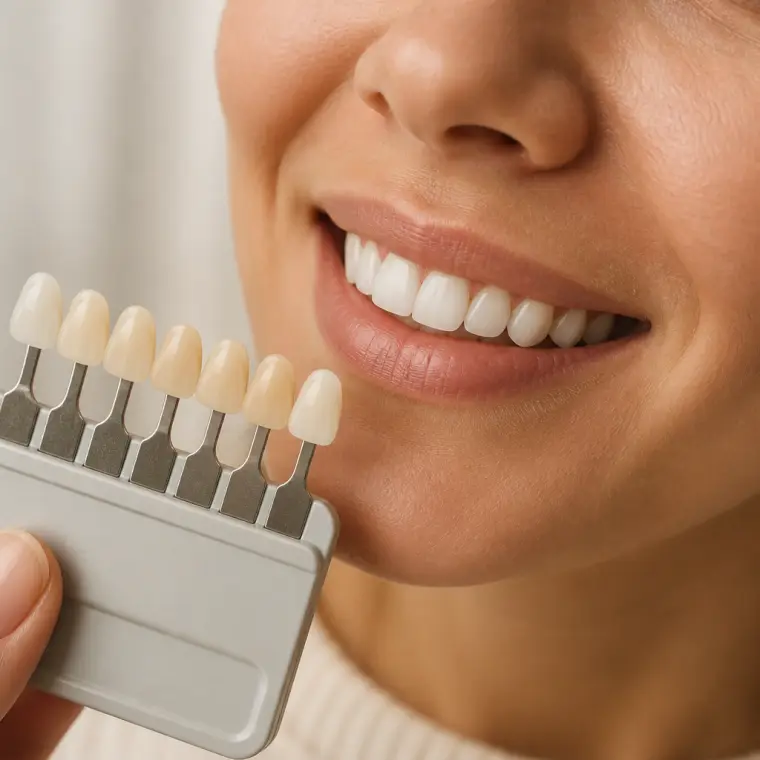 A shade guide held beside a natural smile