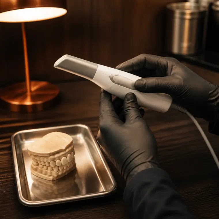 A clinician holding an intraoral scanner beside a dental model
