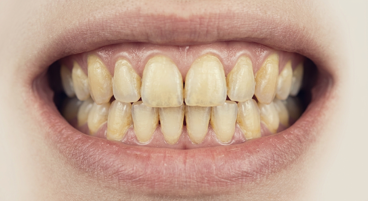 Before: surface stain and hardened tartar collected along the gumline.