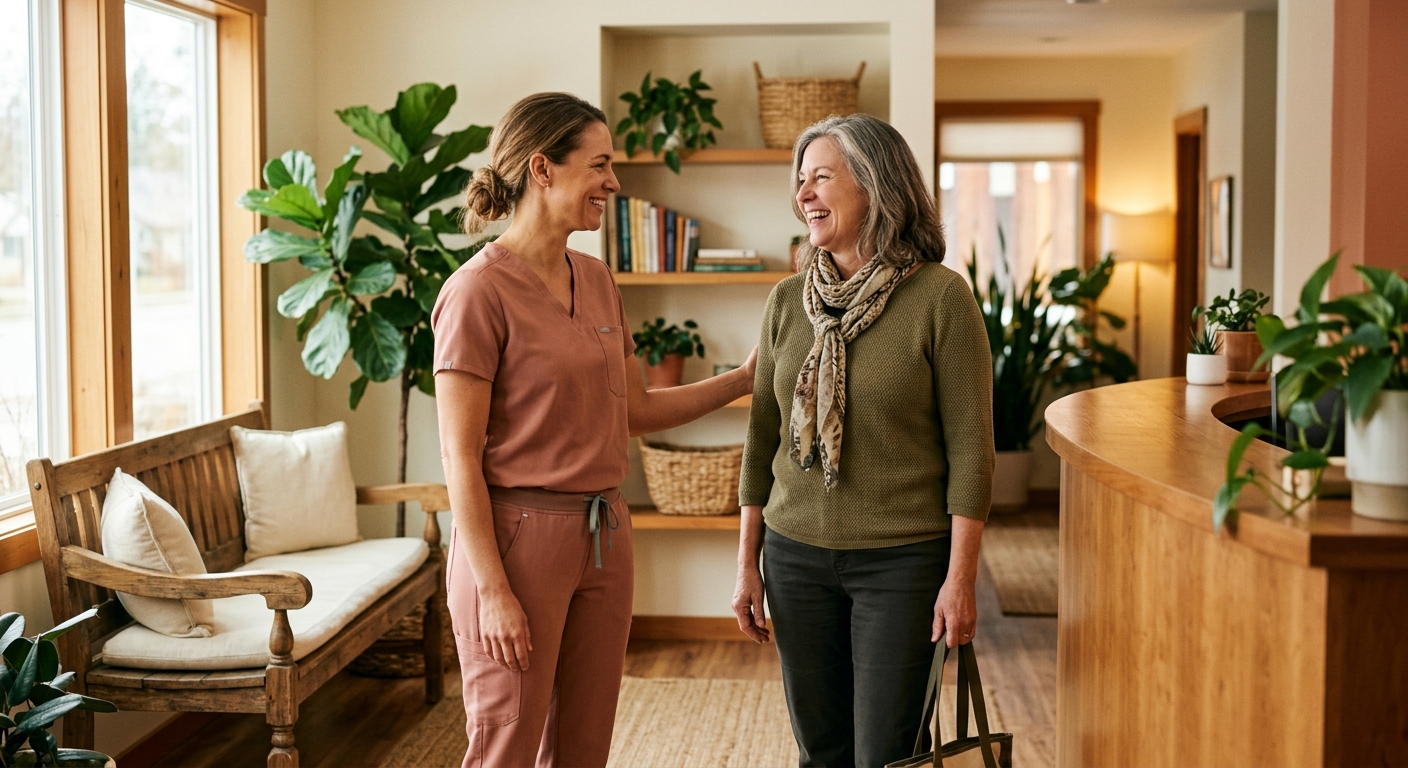 A dental hygienist in clay-colored scrubs warmly greeting an older patient in a sunlit, plant-filled reception