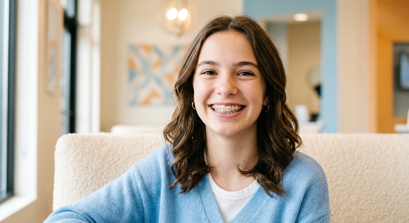 A smiling teen wearing braces at Amplify Orthodontics