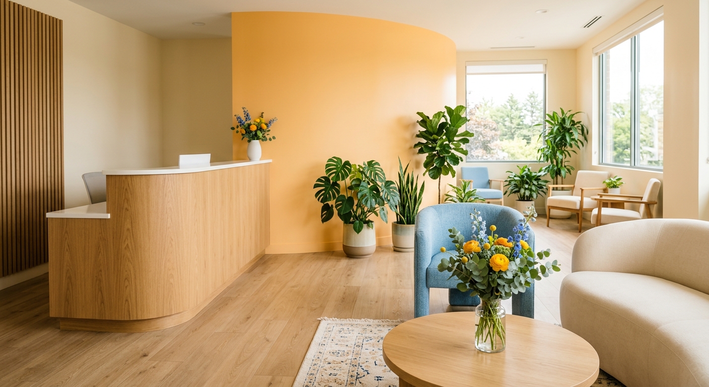 The bright, plant-filled reception at Amplify Orthodontics