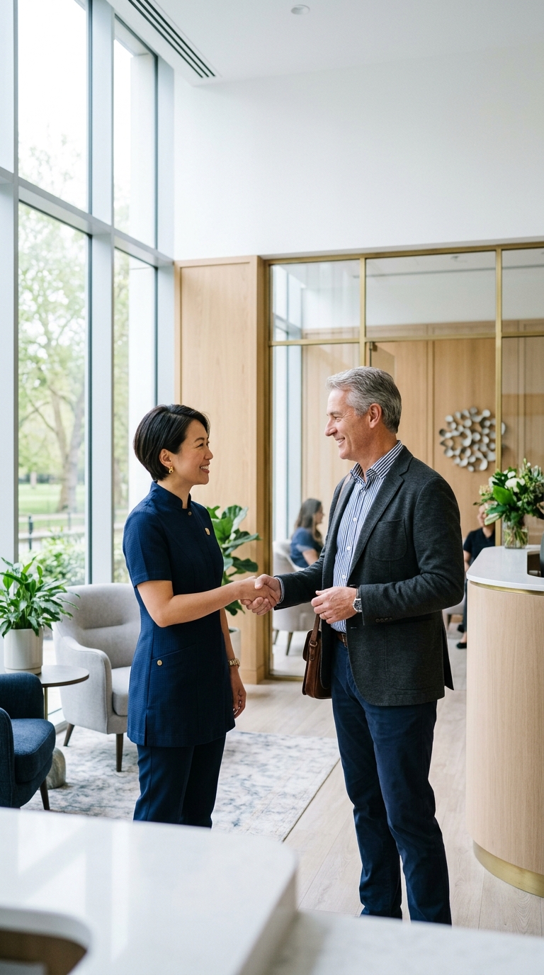 A partner dentist welcoming a patient in the Ashford Dental Partners practice