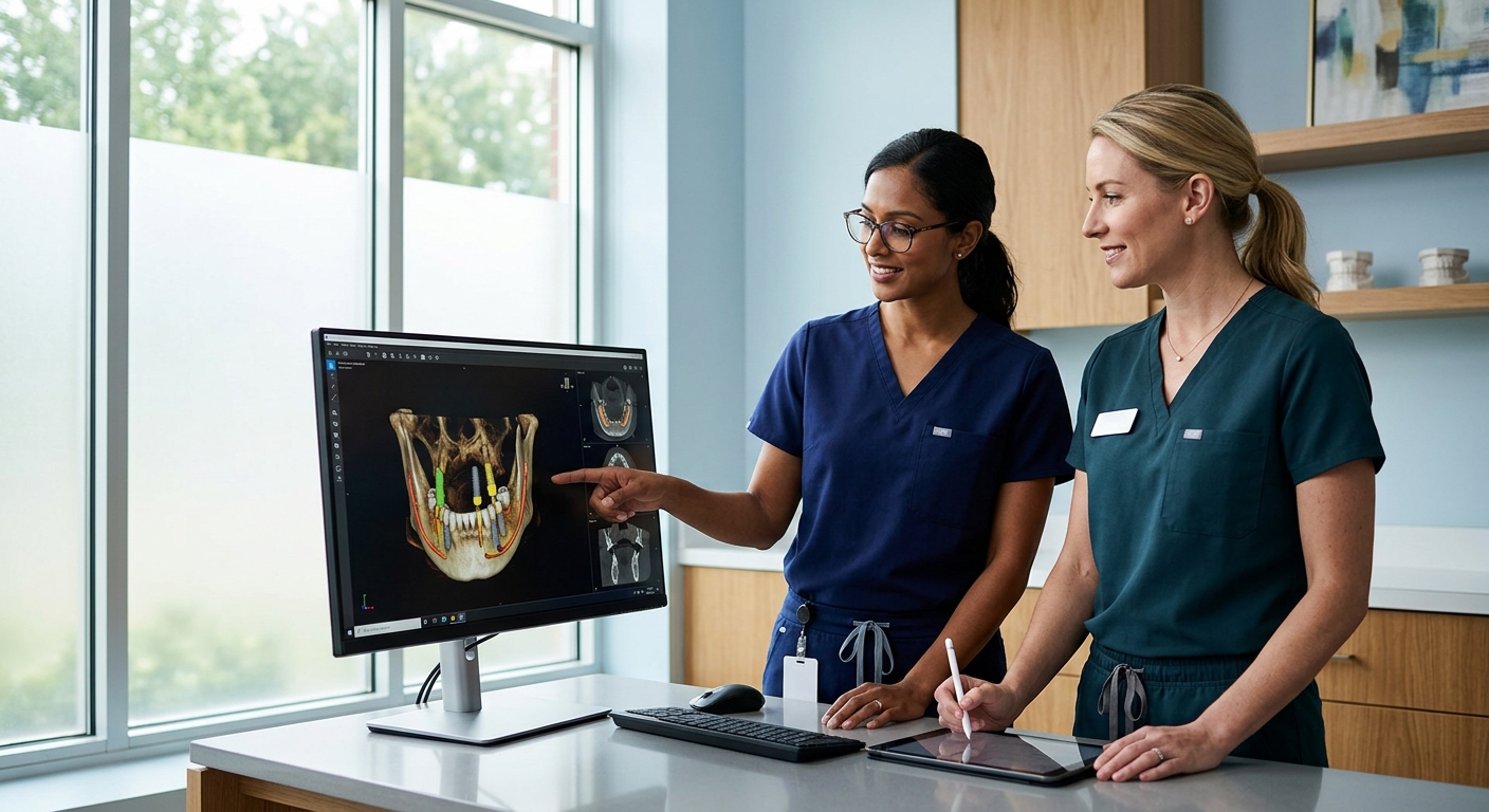 Two Beacon clinicians reviewing a 3D implant scan on a monitor