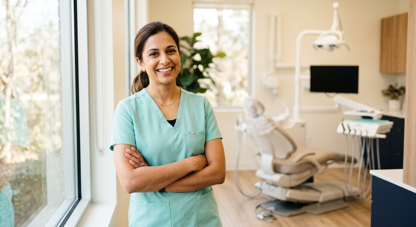 A smiling dentist in a sunlit room