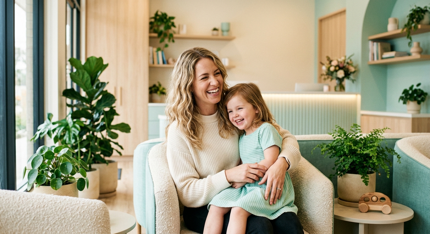 A parent and child smiling together at the bright reception