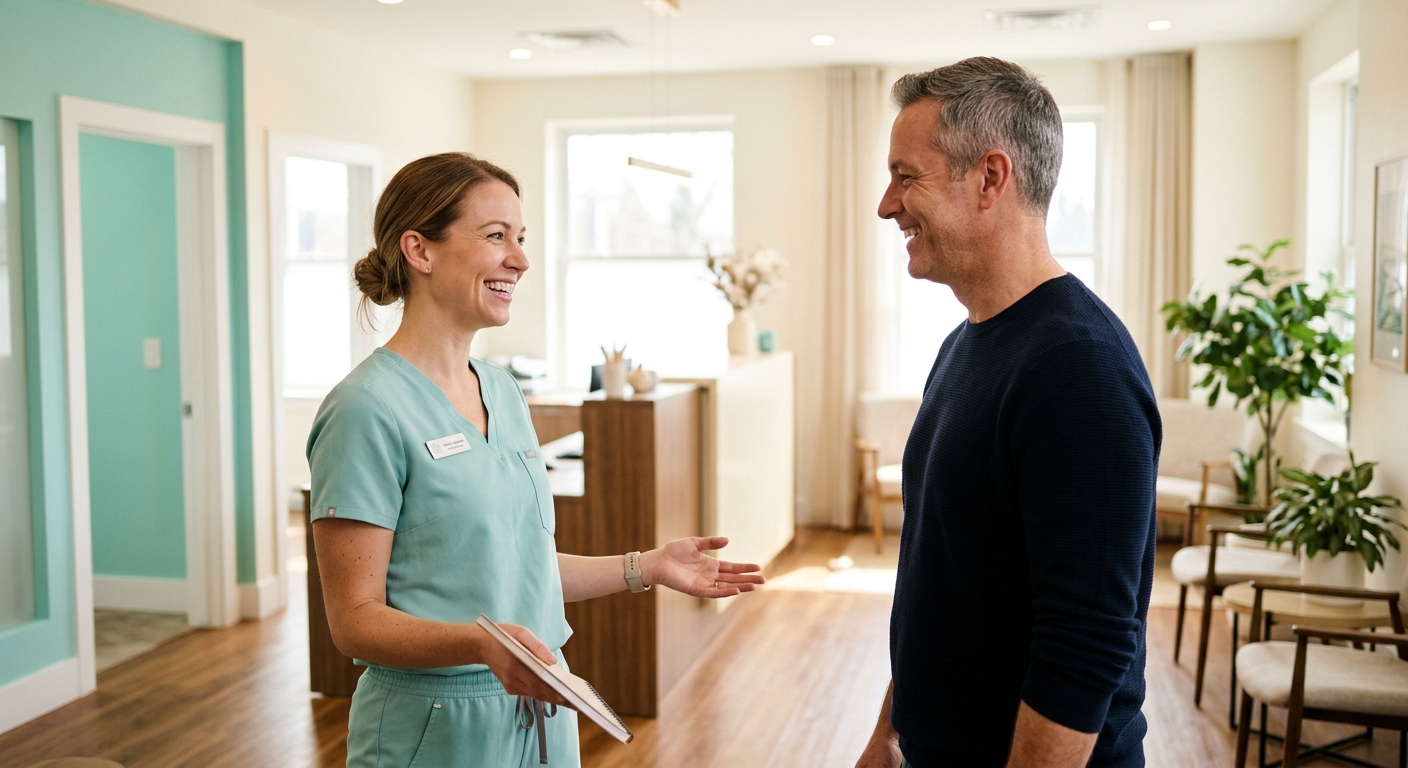 A friendly hygienist welcoming a patient