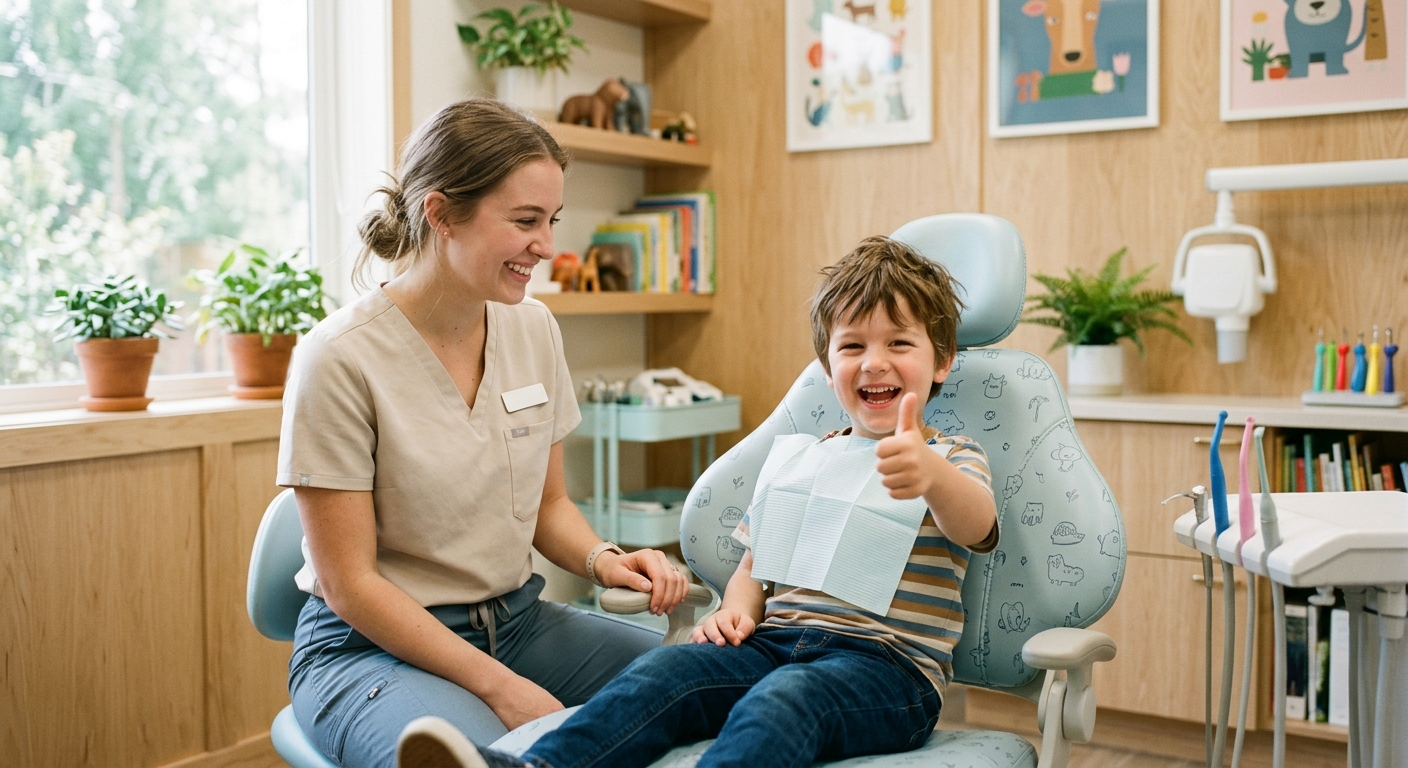 A child smiling in the dental chair