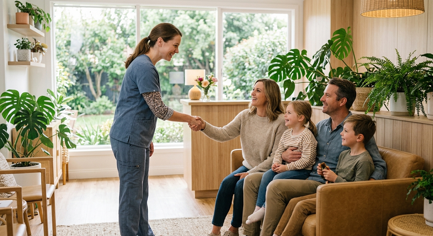 A dentist warmly greeting a family in a bright, plant-filled reception