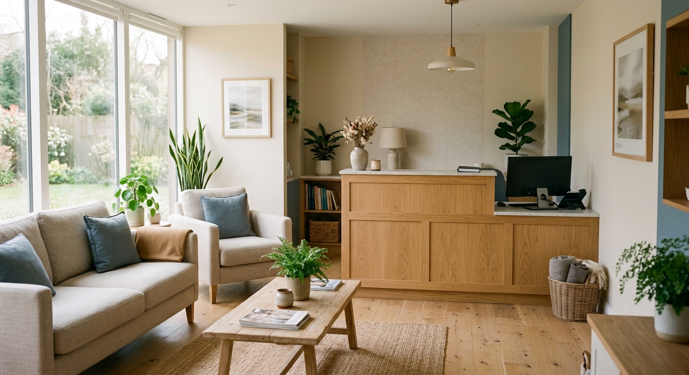 The warm, plant-filled reception at Camden & Rowe