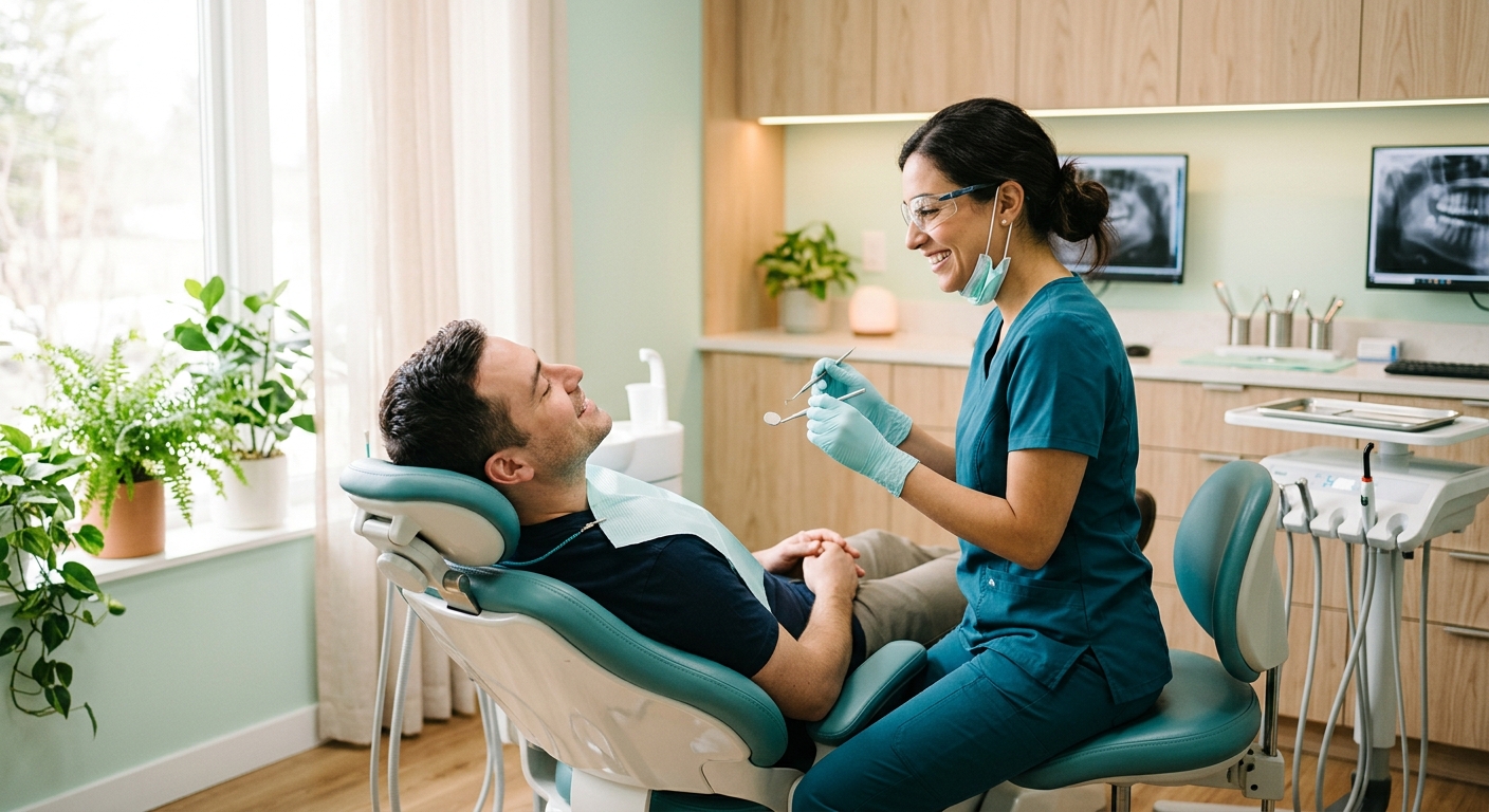 A hygienist and patient during a gentle cleaning