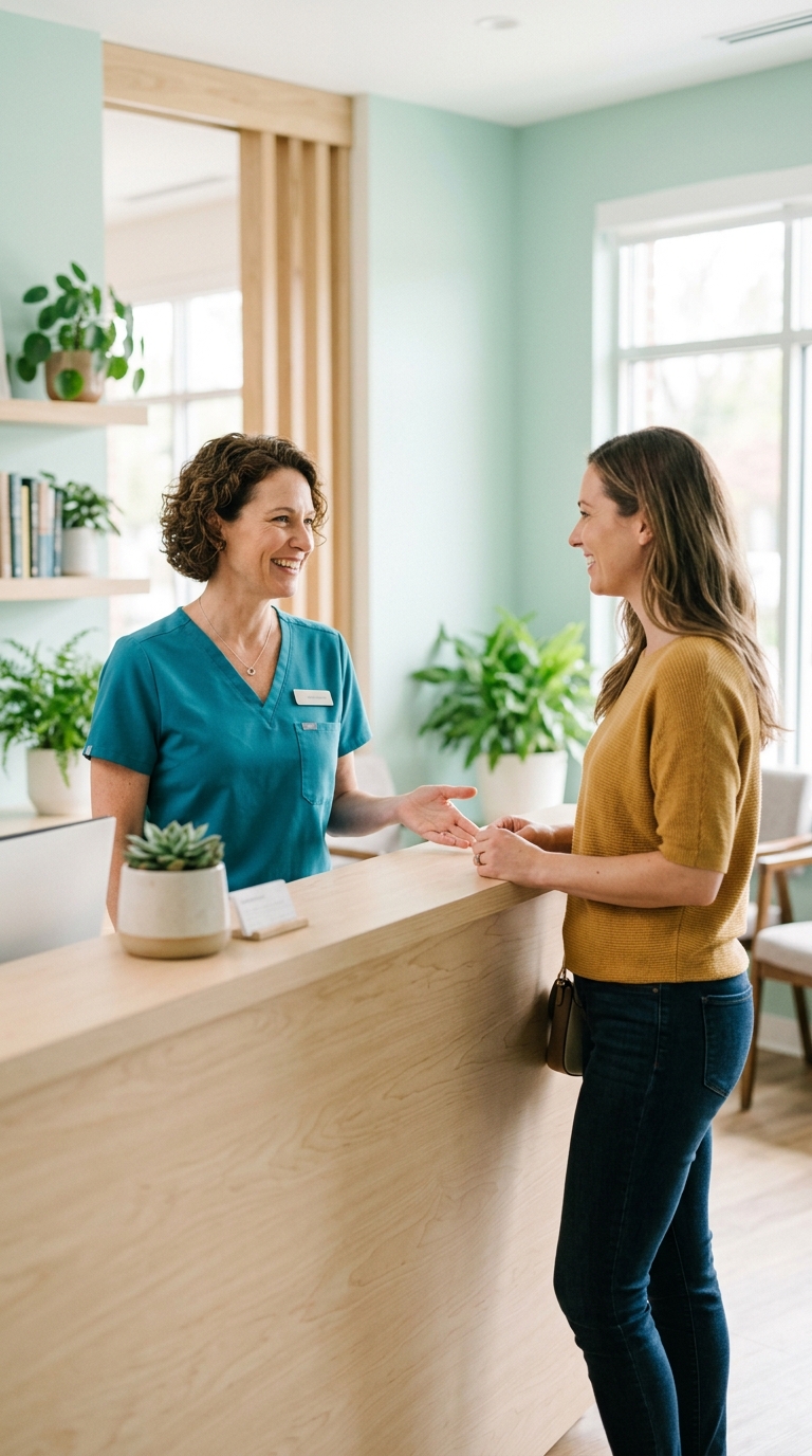 An Everguard dentist welcoming a patient at the front desk