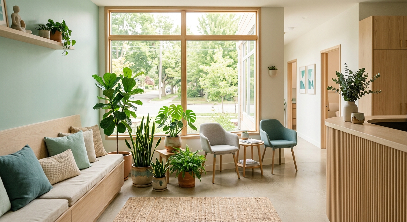 The warm, plant-filled reception of Everguard Dental Plan