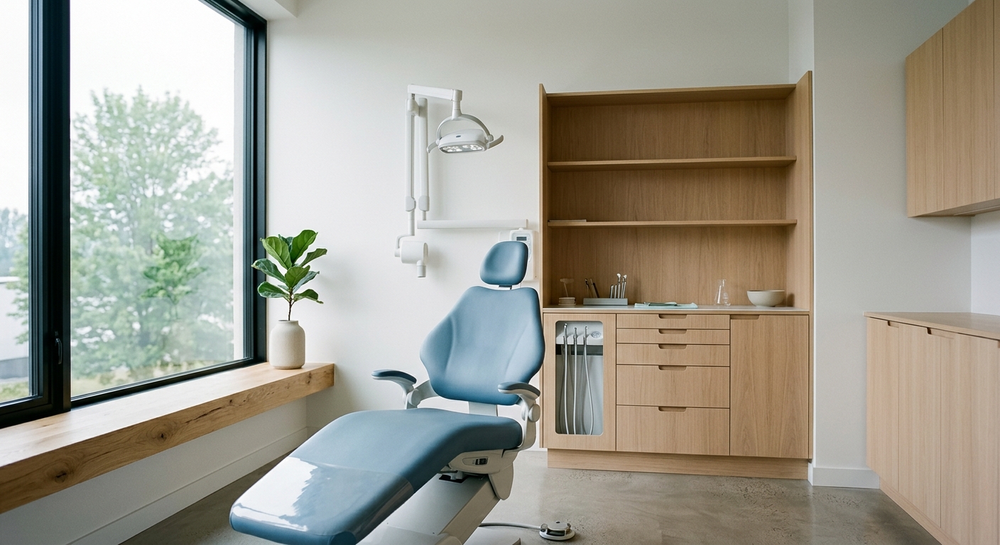 A minimal, pale-timber treatment room at Fjord Dental Studio