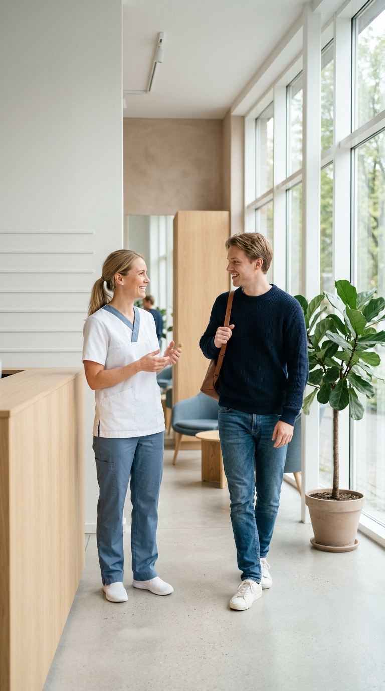 A dentist in the calm, sunlit reception of Fjord Dental Studio welcoming a patient