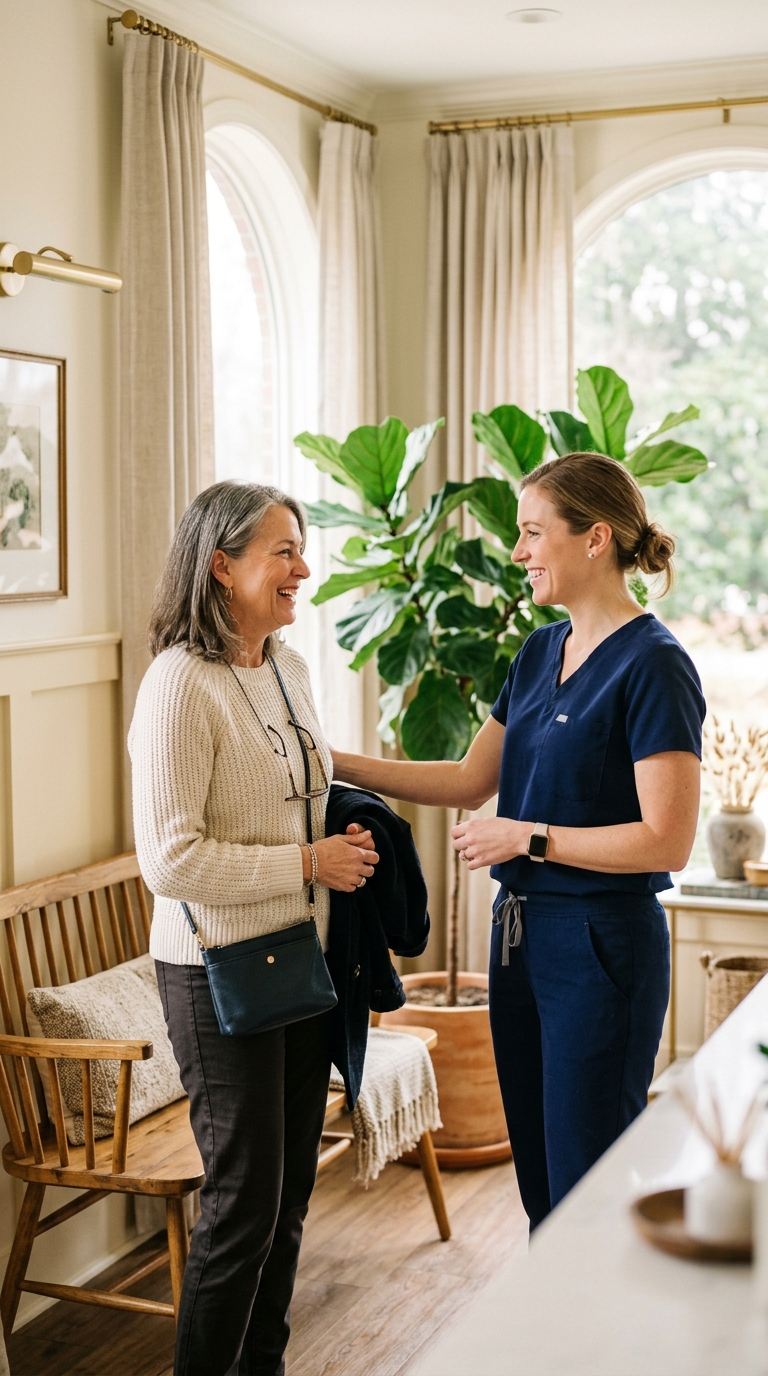 A friendly dentist in soft scrubs warmly greeting a smiling patient in a sunlit, plant-filled reception
