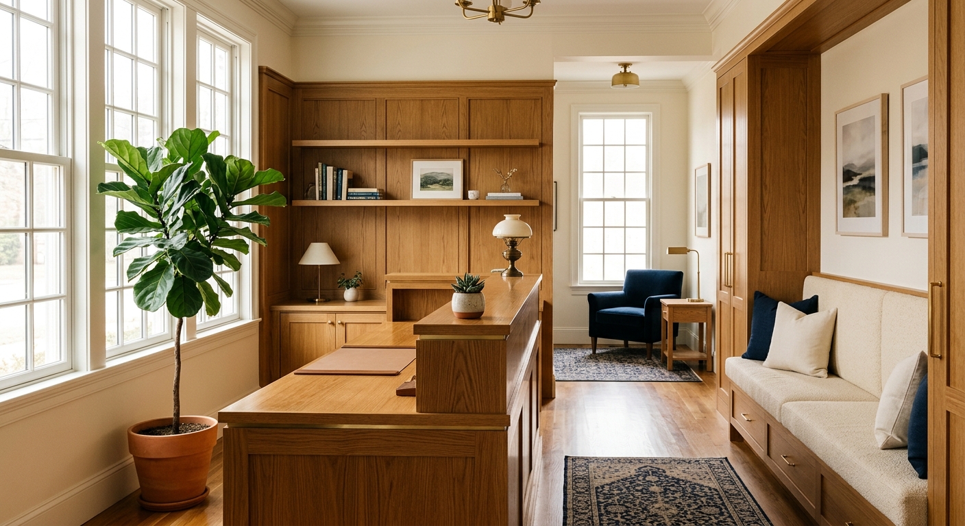 The warm wood reception of Maple and Crown Dental