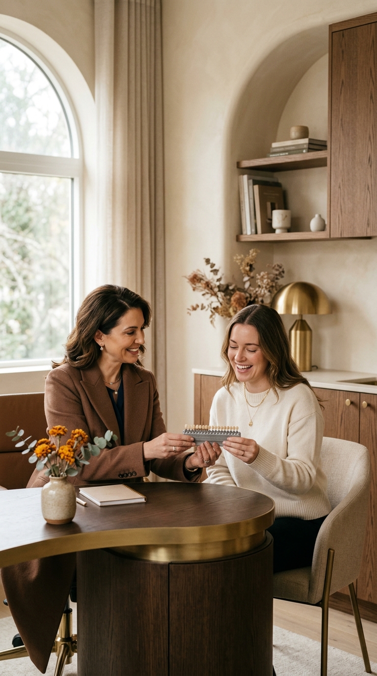 A cosmetic dentist reviewing a shade guide with a relaxed, smiling patient in a warm studio